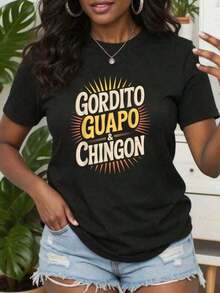 Camiseta divertida Gordito Guapo Chingon estilo mexicano español humor camisetas gráficas mujeres tops cortos conjuntos de verano para mujeres tops de verano camiseta - Negro - Ver 7