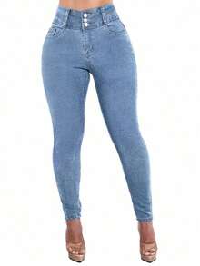 Women's Butt Lifting Jeans, High Elastic Fit Long Pants, Fashionable, Suitable Date, Commute, Elegant Casual Wear, Versatile Spring - 淺藍色 - 查看 12