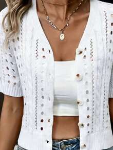 Women's Elegant Knit Sweater, Solid Color Hollow Knitwear, Ribbed Button Cardigan, Suitable For All Seasons, Daily Wear Vacation White Summer - White - View 4
