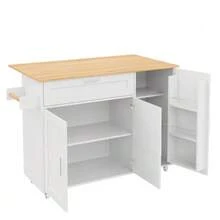 (=N635P21858284D) Large Mobile Kitchen Table 132.5*44(70)*90 Cm, Folding Top, Oak Finish, Multifunctional Cabinet, Spice Rack, Towel Rack, 5 Wheels, Suitable For Kitchen/Dining Room/Home - White - View 9
