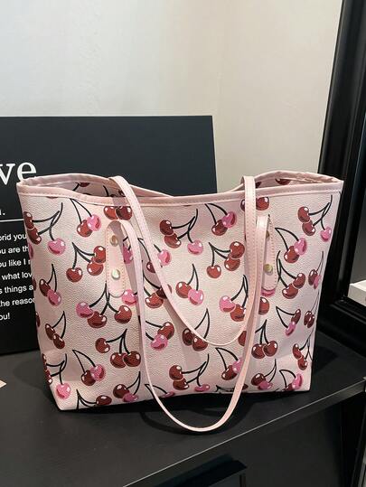 Túi xách công sở cỡ lớn, thanh lịch, mẫu mới mùa xuân 2026, túi xách tay và túi đeo vai in hình quả anh đào dễ thương dành cho nữ.