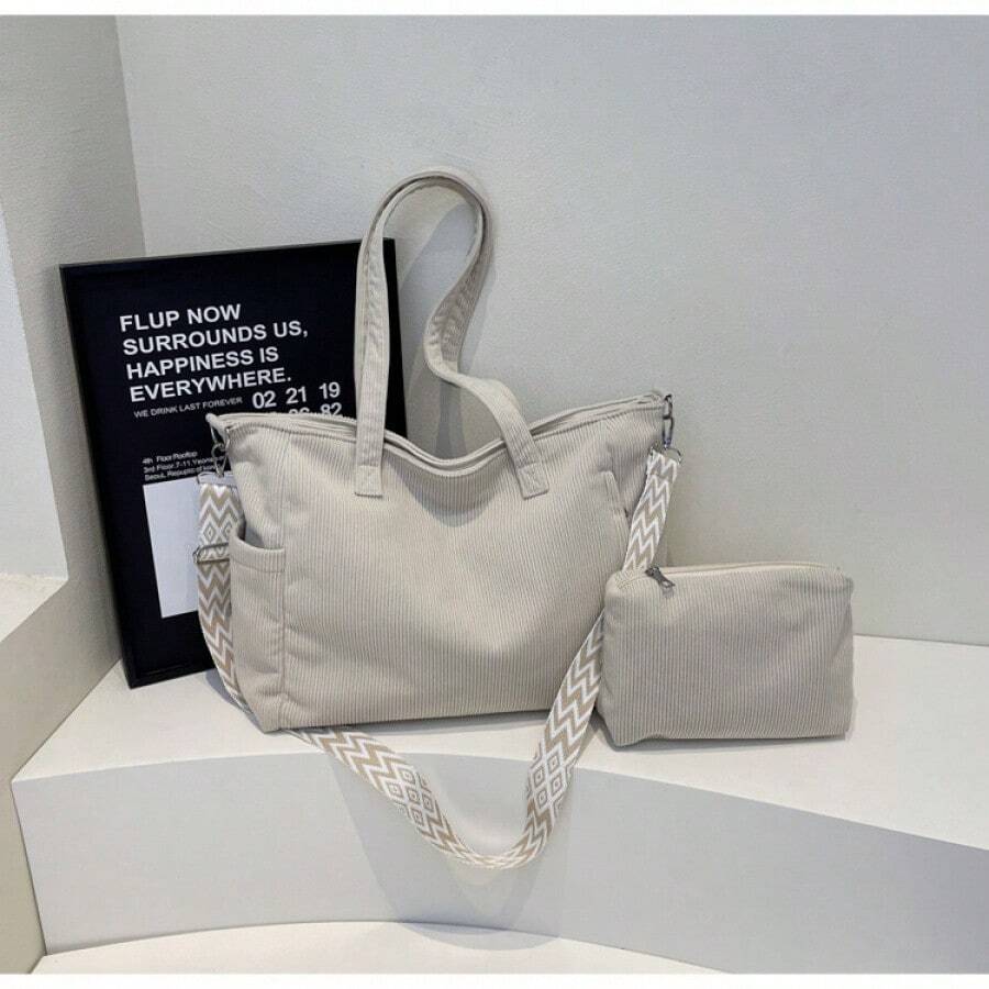 Borsa tote da donna in velluto a coste di grande capacità per il trasporto quotidiano - Set versatile da 2 pezzi (borsa tote e pochette) - Borsa a tracolla e a spalla semplice in stile retrò - bianco - Visualizzare 1