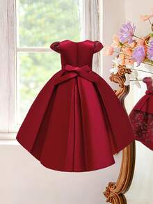 Young Girls' Solid Satin Embroidered Floral Bow Elegant Flower Girl Dress, Headband Not Included - Burgundy - View 3