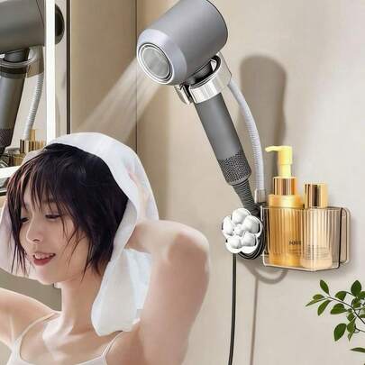免钻孔免提吹风机支架，吸盘式壁挂支架带收纳盒，多角度可调，浴室卧室收纳好帮手，360°可调免提吹风机支架，电线整理器，无需钻孔，适用于浴室、卧室和宠物美容
