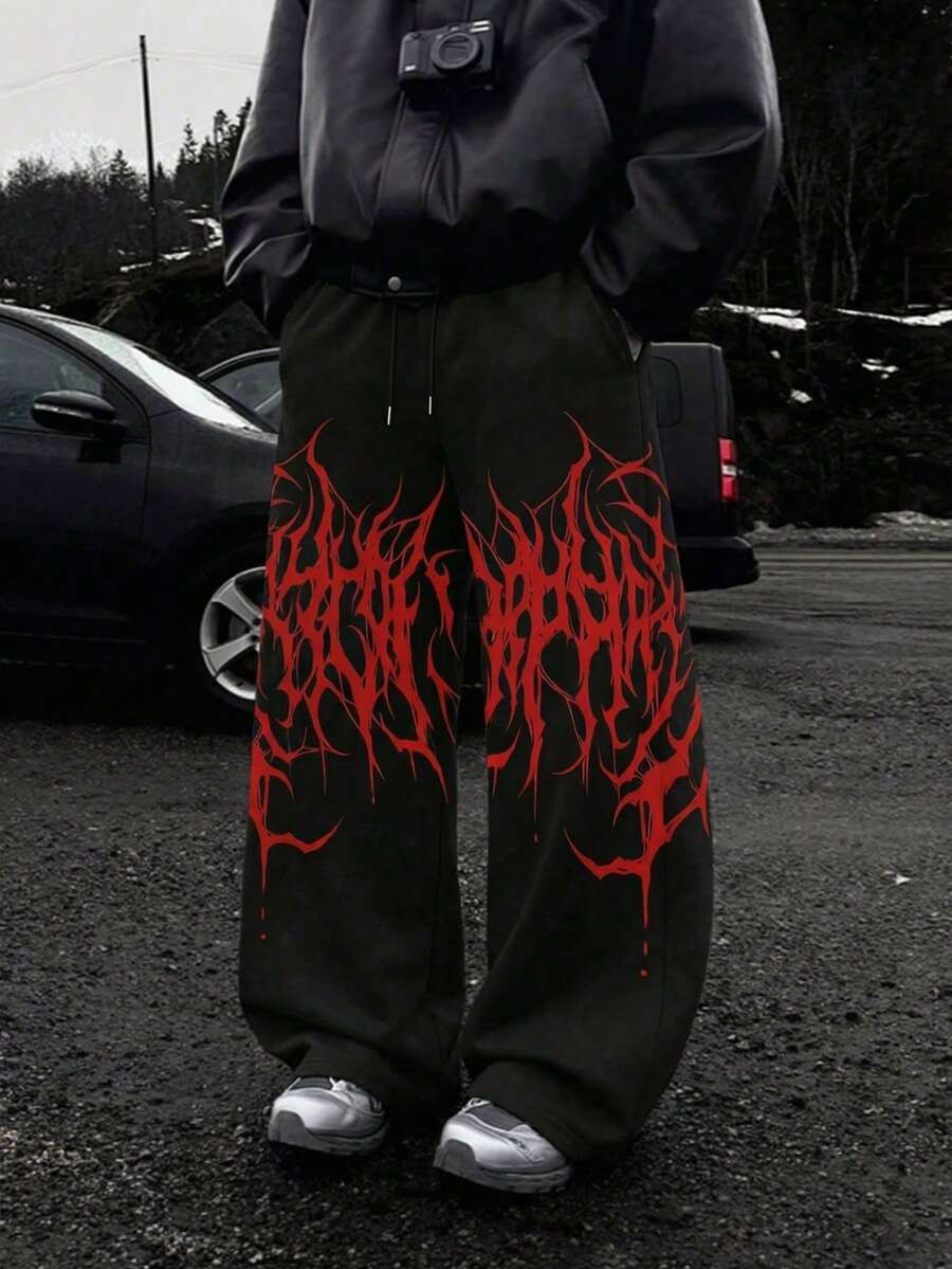 Fractyr Pantalones largos de moda casual de verano para hombres, con estampado gráfico de texto de metal negro degradado y transpirables de doble cara - Negro - Ver 1