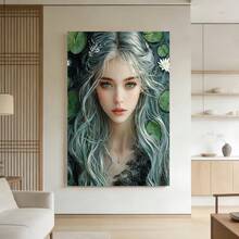 Enmarcado 1 pieza, con marco,  [2D Plano] Arte de Pared en Lienzo de la Diosa del Agua Etérea con Estanque de Lirios Encantador y Cabello Plateado Fluyente para Decoración de Hogar Mística y Serena, 2D Plano - Enmarcado - Ver 2