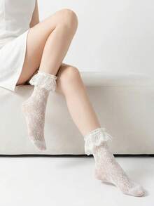 1/2 paire de chaussettes en dentelle respirantes pour le printemps/été | Chaussettes JK en dentelle papillon | Style preppy doux et mignon | Chaussettes Lolita | Chaussettes hautes en dentelle | Noir et blanc - Multicolore - Voir 7
