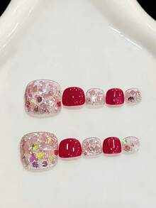 10Pcs Press On Toe Nails, Handmade Toe Nails, Hot Pink Sparkly Toe Nails, Shiny Toe Nails , Sparkling Toe Nails Toe Nails.Toe Nail,Make The Toe More Beautiful,10Pcs Sparkly Glitter Toe Nail Press On | Bling Bling Fake Toe Nails For Summer - Hot Pink - View 9