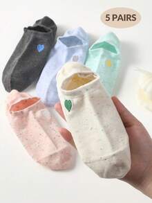 5 Pairs Women's Assorted Color Socks, Heart Embroidery, Spring/Summer Versatile, Knitted Breathable Mesh Fabric, Ins Style & Girly Invisible Boat Socks, Suitable For Home, Commute, Party, Workout, School, Holiday Gift - Multicolor - View 9