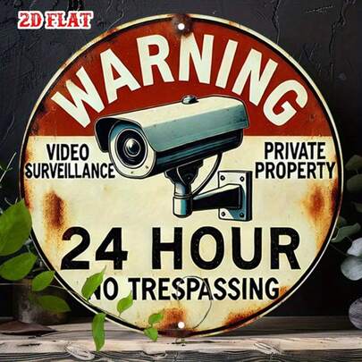 1pc 2D Vintage Warning Sign - Round Wooden No Trespassing Sign With Video Surveillance & Private Property Design, Suitable For Home, Garage, Cafe Indoor/Outdoor Decor, Handmade Retro Wall Art, Cafe Owner Exclusive, Bedroom Decor, Yard Decor, Thoughtful Gift For Family, Friends, Neighbors, Suitable For All Holidays, Easter, Pre-Drilled Holes As Shown In Size Chart