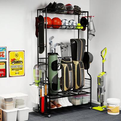  COSTWAY 3 Golf Bags Storage Garage Organizer, Mobile Sports Equipment Organizer With Wheels, 4 Hooks And  Extra Club Display Rack, Heavy-Duty Metal Golf Accessories Stand For Shed, Basement, Black