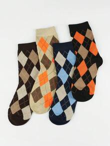4双装经典复古学院风休闲日常百搭菱形图案中筒袜 - 彩色 - 查看 3