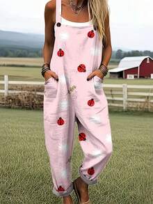 Ladybug And Flower Print Women's Adjustable Strap Jumpsuit, Polyester Fiber Fabric, Lightweight And Breathable, Women's Clothing, Regular Women's Clothing, Women's Jumpsuits And Rompers, Women's Jumpsuit, Women's Plus Size Jumpsuit - 彩色 - 查看 1