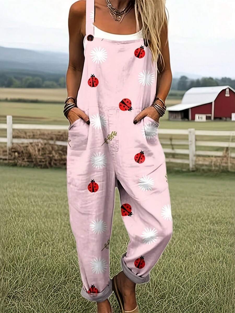 Ladybug And Flower Print Women's Adjustable Strap Jumpsuit, Polyester Fiber Fabric, Lightweight And Breathable, Women's Clothing, Regular Women's Clothing, Women's Jumpsuits And Rompers, Women's Jumpsuit, Women's Plus Size Jumpsuit - 彩色 - 查看 1