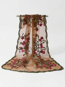 1pc Embroidered Lace Rose Floral Scarf, Shawl, Headscarf, Neckerchief - Multicolor - View 6
