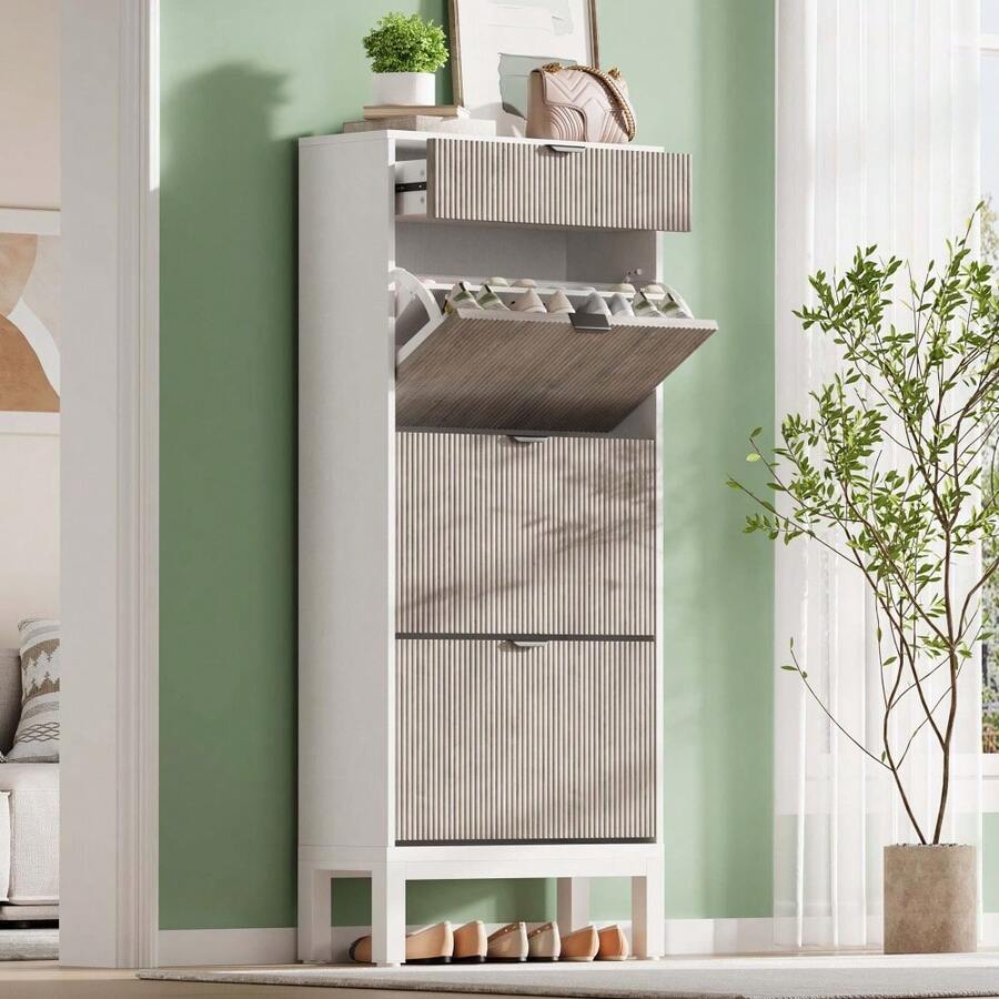 Moderner, schmaler Schuhschrank mit 3 Klappen & 1 Schublade – verstellbare Einlegeböden, platzsparend, geeignet für Flur & Diele, Stauraum für 12–18 Paar Schuhe - Grau - Übersicht 1