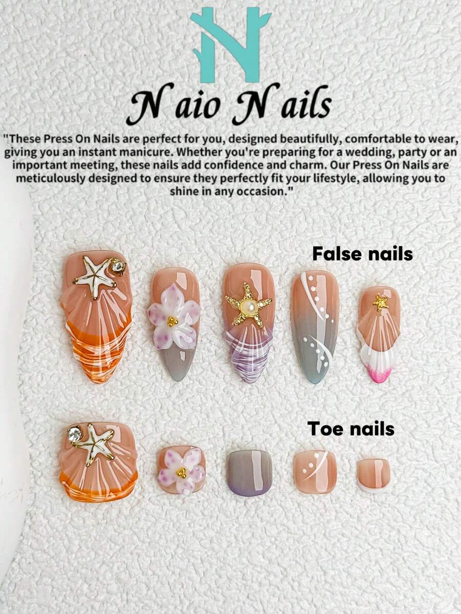 NAIO 10片装夏季手工美甲贴片套装,可选配同款脚趾甲,提供短方形和杏仁形两种形状,Y2K风格裸色底色,贝壳纹理法式尖角,渐变波点设计,3D立体花朵装饰,凝胶细节,海星图案,水钻和金珠点缀,高光泽海滩风情,适合女性和女孩,完美适用于派对和日常佩戴,包含美甲工具套装,是美甲爱好者的理想礼物。 - 彩色 - 查看 1