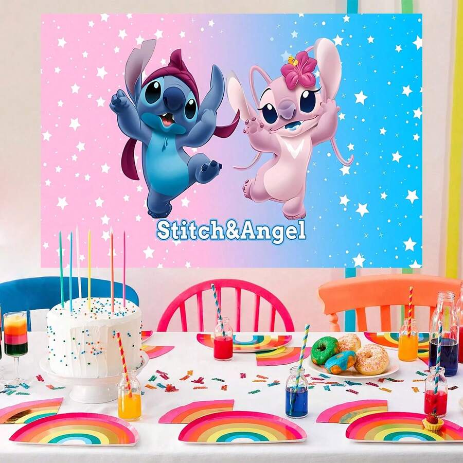 1pc Blue & Pink Stitching Angel Theme Birthday Party Hanging Decor, 210 * 150/150 * 100/100 * 75CM White Star Glitter Wall Decor, Birthday Party Background Backdrop, Photo Booth Prop - BJB - View 1