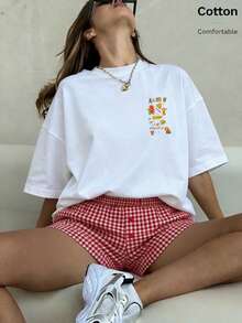 2026 T-Shirt Girocollo A Maniche Corte Da Donna A Tinta Unita, Top Super Ampio, 100% Cotone, Morbido E Confortevole, Casual Per Tutti I Giorni, Streetwear, Stampa Limone Diverten - 白色的.. - 查看 6