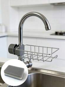 1 pieza Organizador de grifo de acero inoxidable, soporte para esponja y desagüe, estante para paño de cocina, estantería de almacenamiento para fregadero de cocina, baño, sala de estar, organizador del hogar, soporte de almacenamiento de herramientas de limpieza de cocina, escurridor de esponja y jabón para encimera - Multicolor - Ver 13