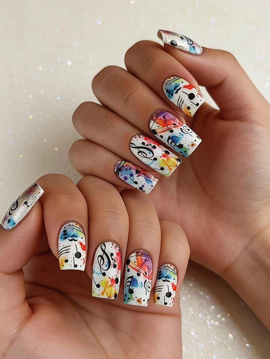 24pcs Removable White Graffiti Music Note Pattern False Nails, Reusable Tie Dye Nail Art Stickers, Medium Length - Multicolor - View 1