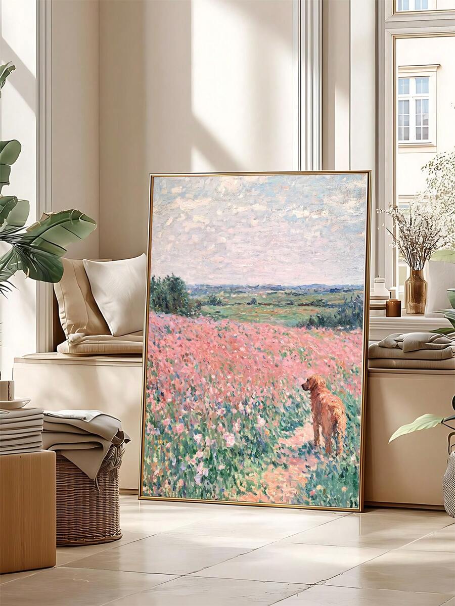 1幅现代粉彩野花油画印刷品，花卉风景墙画，金毛犬艺术画，腊肠犬海报，节日礼物，送给朋友的理想礼物，卧室艺术印刷品，客厅装饰，办公室装饰，厨房装饰，浴室装饰，墙面艺术，墙面装饰，家居装饰，房间装饰，帆布墙画，海报，带框墙画，可选画框 - A - 查看 1