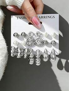 18/36/54/72pcs Set Casual Minimalist Hollow Heart, Flower, Butterfly, Water Drop, C-Shape Pearl & Rhinestone Earrings, Suitable For Women's Daily Wear, Beach, Party, Holiday Gift (Random Delivery) - Silver - View 5