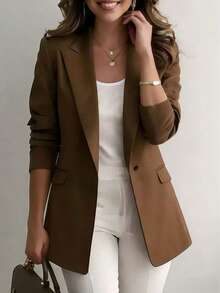 Chaqueta de blazer de unicolor con solapa para mujer, de manga larga con botones y bolsillos, adecuada para otoño, invierno y primavera. Chaqueta de oficina de manga larga, prenda exterior versátil para negocios y hogar, apta para otoño, invierno y primavera - Marrón - Ver 2