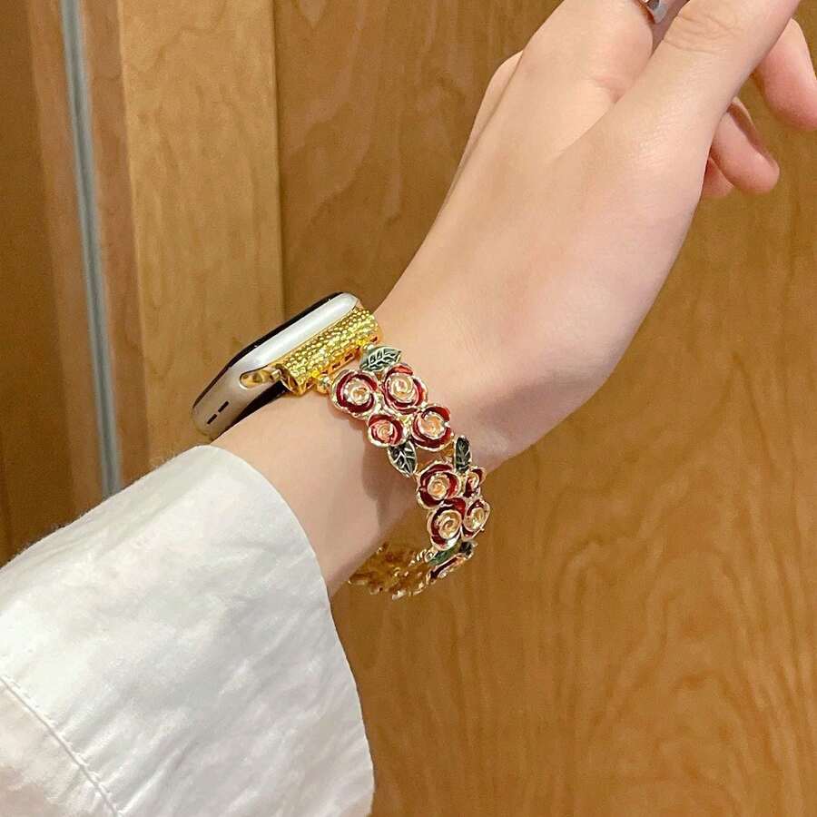 1 Gorgeous High Quality Rose Bracelet Metal Strap, Compatible With Apple Watch 42mm, 38mm, 40mm, 41mm, 44mm, 45mm, 46mm, 49mm Case Sizes, Stylish Smart Watch Replacement Strap, Suitable For Series Ultra2, Ultra SE2, SE 11, 10, 9, 8, 7, 6, 5, 4, 3, 2, 1, Unisex - Gold - View 1