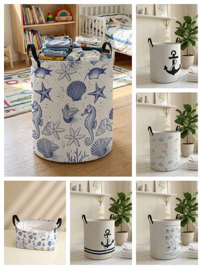 1 chiếc giỏ đựng đồ tròn gấp gọn có tay cầm, họa tiết đại dương hoạt hình, dung tích lớn, đa năng, thích hợp để đựng đồ dùng cho trẻ sơ sinh, tã em bé, quần áo, đồ chơi.