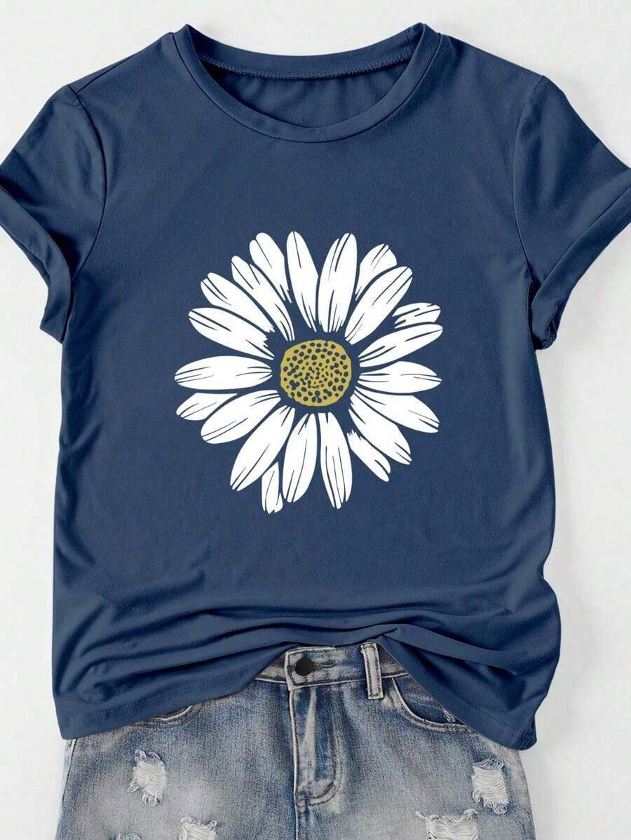 Camiseta de algodón 100% con cuello redondo, manga corta y estampado de perlas falsas, top casual de verano para mujer - Azul marino 3 - Ver 1