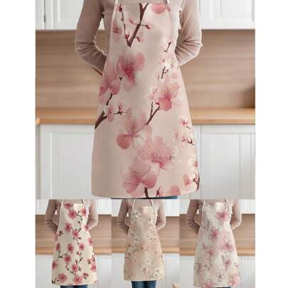 1pc, Peach Blossom Plum Blossom Pattern Polyester Apron, Suitable For Cooking, Baking, And Gardening - Can Be Used As Attire For The Kitchen And Dining
