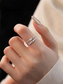 Bộ 2 chiếc nhẫn hở điều chỉnh được hình trái tim tối giản thời trang, đính pha lê, trang sức tinh tế, món quà lý tưởng cho tiệc Valentine. - Bạc - Xem 2