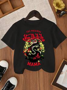 1pcs Boys Casual Printed Round Neck Short Sleeve T-Shirts The Original Vonn Dutch Mama Dragon Design Ideal Gift For 2026 New Year, Monthers Day, Romanticc Outfits, St. Patrick's Day, Black History Month, Back-To-School Season And Easter For Kids - 黑色 - 查看 3