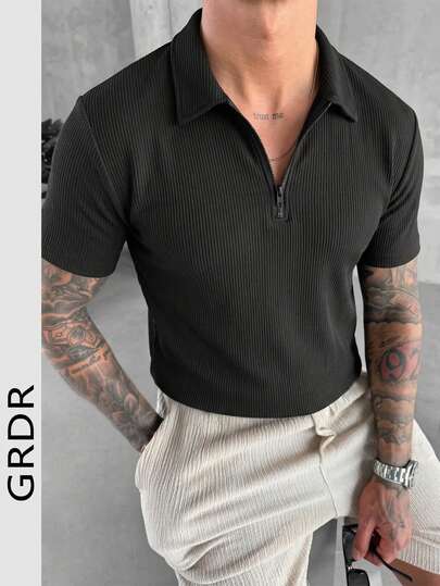  GRDR Minimalist Solid Color Short Sleeve Zipper Polo Shirt, Casual Men Top