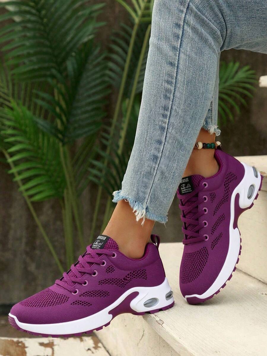 Zapatos deportivos de moda para mujer, zapatos para caminar de malla transpirable para mujer, zapatos para correr con colchón de aire para mujer, diseño con cordones, modernos y versátiles, antideslizantes y resistentes al desgaste. - Morado - Ver 1