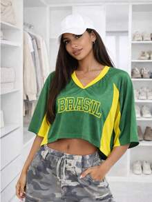 Cropped Top Brazil Women's Streetwear Style Casual Blouse Oversized Fashion - màu xanh lá - Xem 7