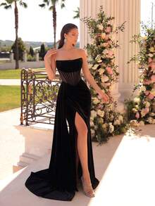 ADYCE Đầm dạ hội dài không dây vai, màu trơn, chất liệu satin, xẻ tà trước và hở lưng, thích hợp cho các buổi tiệc, dạ hội, vũ hội, tiệc cưới, lễ tốt nghiệp, tiệc đêm giao thừa, v.v. (Không bao gồm găng tay) - màu đen - Xem 6