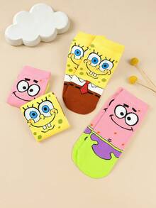 SpongeBob SquarePants 6/2 Pairs Women's Yellow & Pink Square Pattern & Printed Short Socks, Polyester Fabric, Breathable Soft Lightweight, Cute Cartoon Style, Suitable For Spring Casual Daytime And Nighttime Sleepwear - Multicolor - View 3