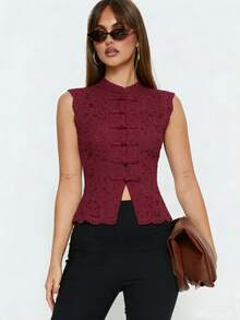 Women Long Sleeve Mandarin Collar Guipure Split Blouse Top Lace Floral Puff Sleeve Button-Down Shirt Slim Fit Elegant Sheer Tops Party Clubwear - 無袖酒紅色 - 查看 4