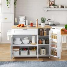 (=N635P21858284D) Large Mobile Kitchen Table 132.5*44(70)*90 Cm, Folding Top, Oak Finish, Multifunctional Cabinet, Spice Rack, Towel Rack, 5 Wheels, Suitable For Kitchen/Dining Room/Home - White - View 3