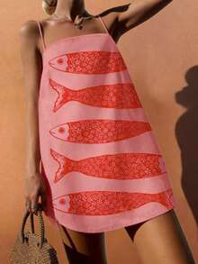 Đầm chữ A hở lưng kiểu Bohemian dành cho nữ, họa tiết vảy cá, trang phục thường ngày cho kỳ nghỉ biển, mùa xuân/hè. - Hồng - Xem 3