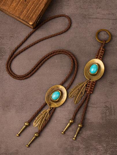 一套复古西部风格绿松石波洛领带和钥匙扣组合，金属羽毛编织，男女通用个性化项链，手机挂饰