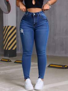 Jeans skinny de mezclilla azul oscuro con bolsillos múltiples efecto levantador de glúteos elásticos - Azul profundo - Ver 2