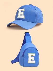 2 piezas Conjunto de gorra de béisbol con 26 letras y bolso bandolera para niños, gorra de sol azul ajustable + bolso de pecho casual, adecuado para uso diario - Azul - Ver 16