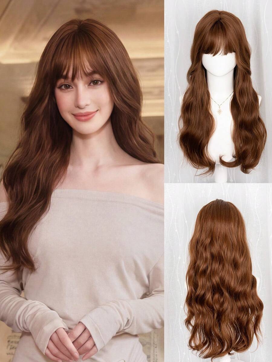 26 Inch Caramel Brown Wavy Wig For Women - With Bangs, High Quality Synthetic Material, Adjustable Cap | Everyday/Party Styling - Multicolor - View 1