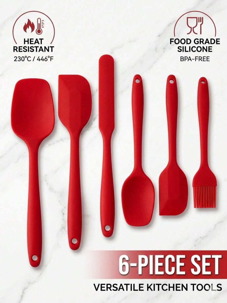 Juego de 6 piezas de herramientas de silicona resistentes al calor - Espátula y brocha de untar combinadas - Utensilios de cocina antiadherentes y fáciles de limpiar para cocinar, asar a la parrilla, decorar pasteles