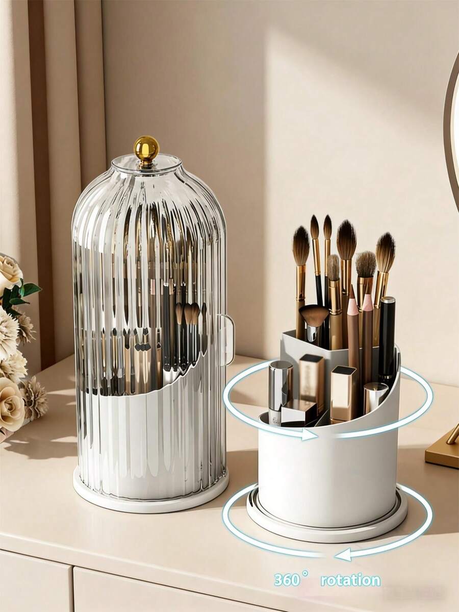 1pc, Luxury Style Makeup Brush Storage Bucket 360° Rotating Dust-Proof Storage Box Makeup Tool Desktop Organizer