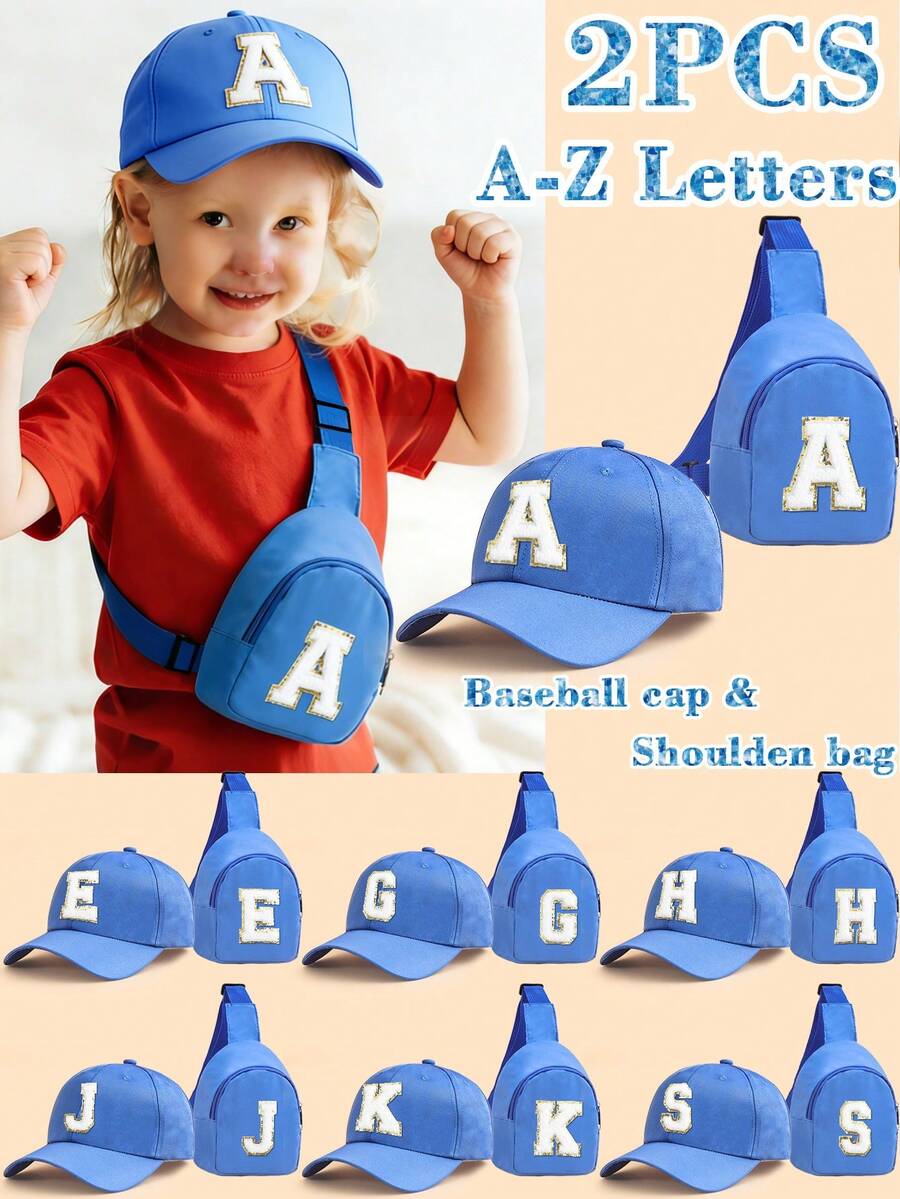 2 piezas Conjunto de gorra de béisbol con 26 letras y bolso bandolera para niños, gorra de sol azul ajustable + bolso de pecho casual, adecuado para uso diario - Azul - Ver 1