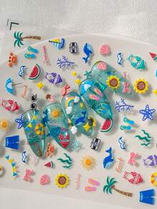 1 Tờ Hình Dán Móng Tay 3D Phong Cách Mùa Hè Đi Biển, Thiết Kế Hoạt Hình Dễ Thương Với Các Yếu Tố Đại Dương, Bãi Biển, Kỳ Nghỉ, Thích Hợp Cho Phụ Nữ Tự Làm Móng - Nhiều màu - Xem 2